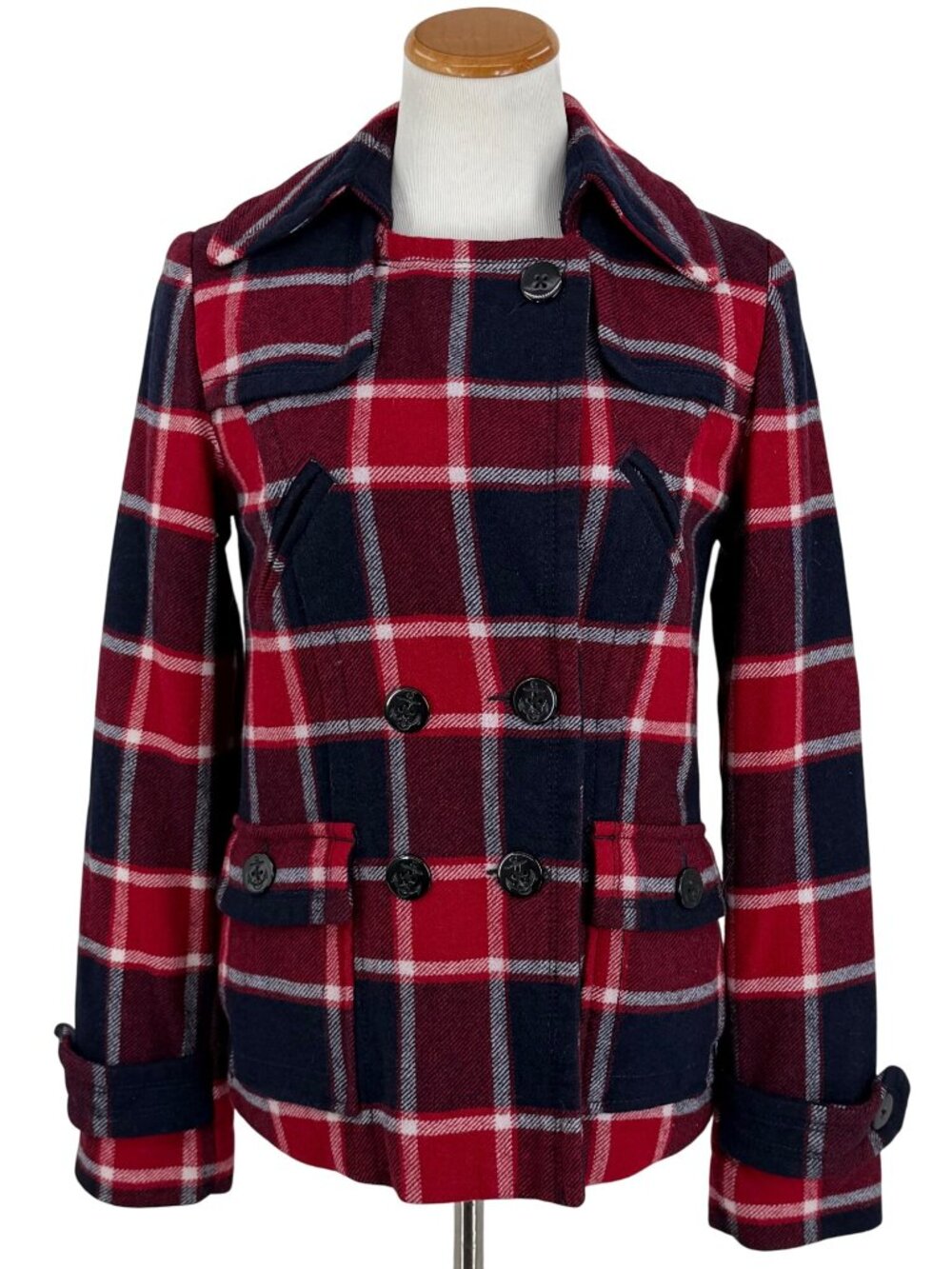 Vintage American Eagle Red Plaid Double-Breasted Pea Coat M Preppy Winter Jacket